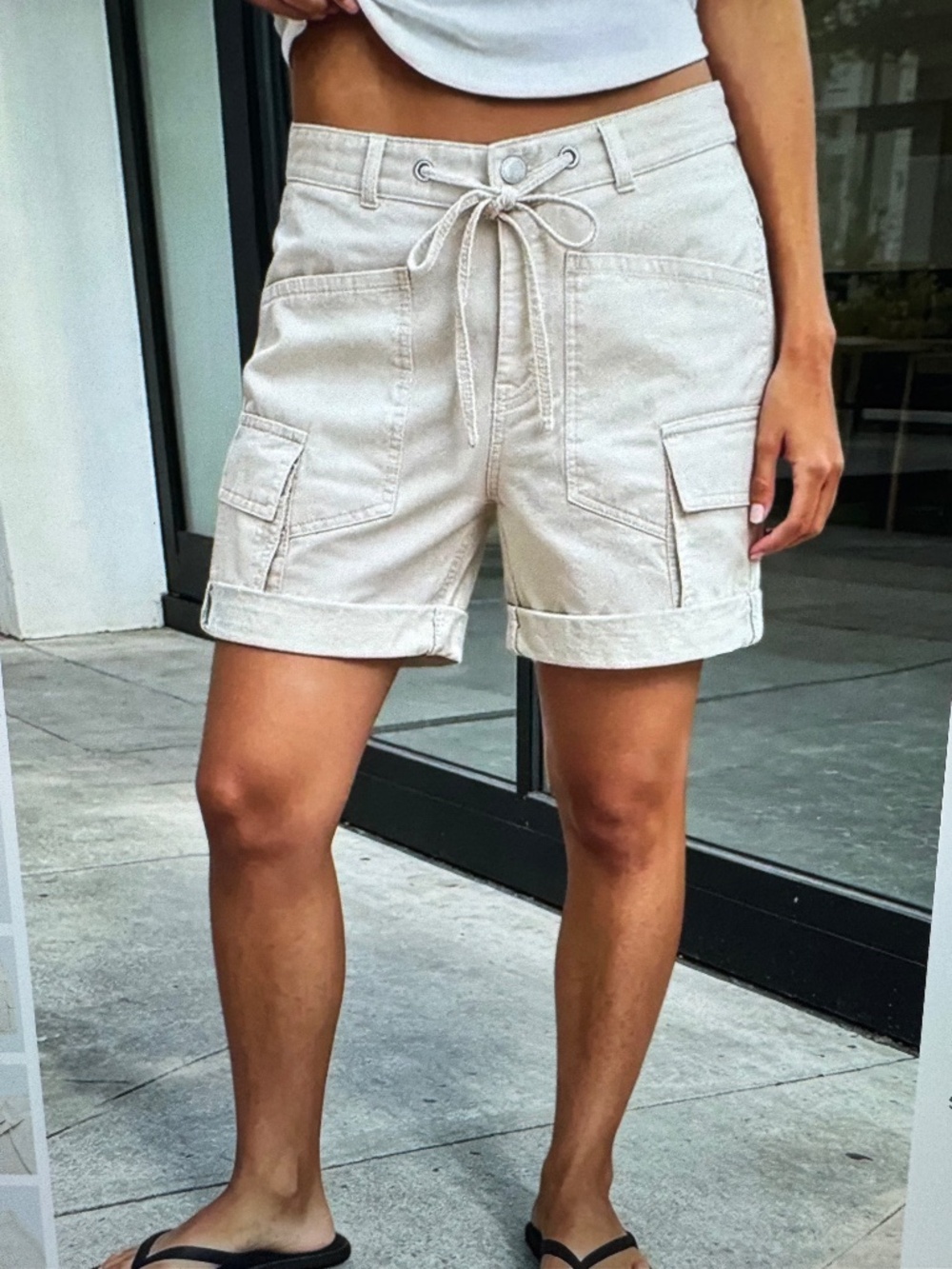 Flamingals Drawstring Roll Hem Dual Pocket Elastic Shorts beige medium-NWT